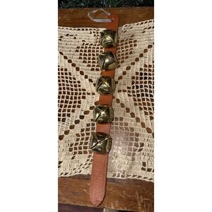 Vtg Brass Sleigh Bells Leather Strap 5 Jingle Bells Horse Door Decor Rustic 14"